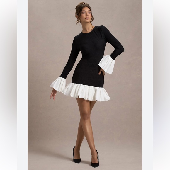 Club L London Dresses & Skirts - NWT CLUB L LONDON Josefina Black Long-Sleeve Mini Dress White Satin Trim 8 6567